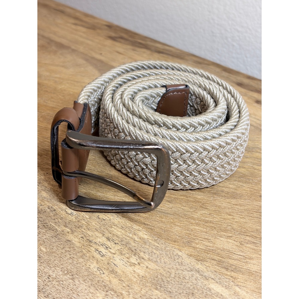 Perry Ellis Preppy Braided Stretch Belt Beige Leather Trim Gunmetal Mens 30/32